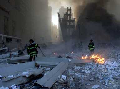 Workers on the 9/11 pile after the collapse of the World Trade Center