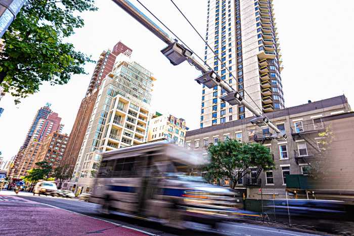 A congestion pricing toll gantry in Manhattan