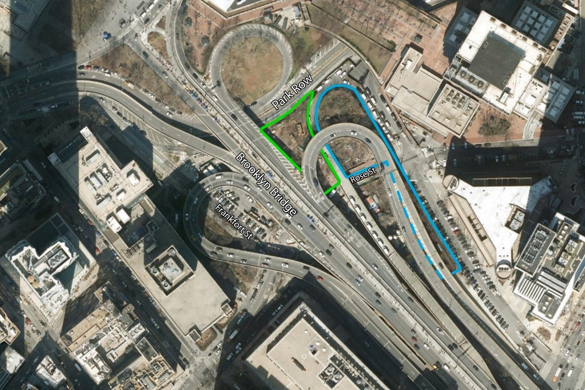 Latest section of The Arches at the Brooklyn Bridge's Manhattan side opens to the public 2 The area of “The Arches,” outlined in green, opening to the public today. Blue outlined section opened to the public last year. Credit: NYC DOT
