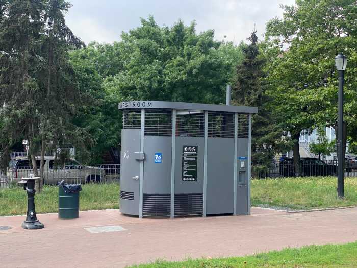 The newly installed Portland Loo stands on the edge of Irving Square Park in Bushwick